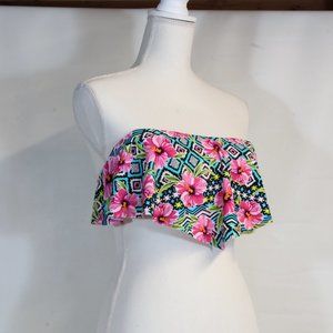 Hawaiian Tropic Black Blue Floral Strapless Bikini Top Size Medium